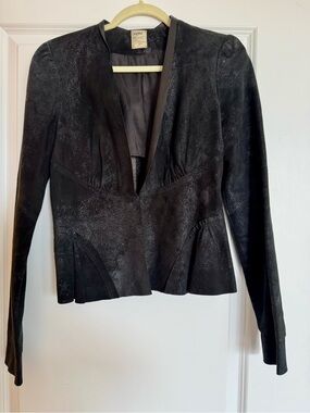 L'AGENCE Black Textured Leather Peplum Tailored Blazer